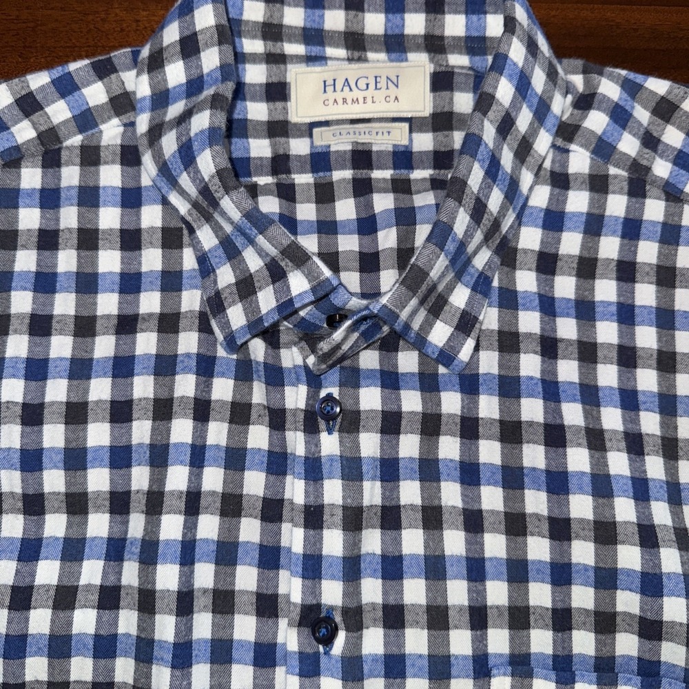 Hagen Carmel Shirt Mens Blue  Black Check Cotton Flannel Preppy Long Sleeves‎ CA